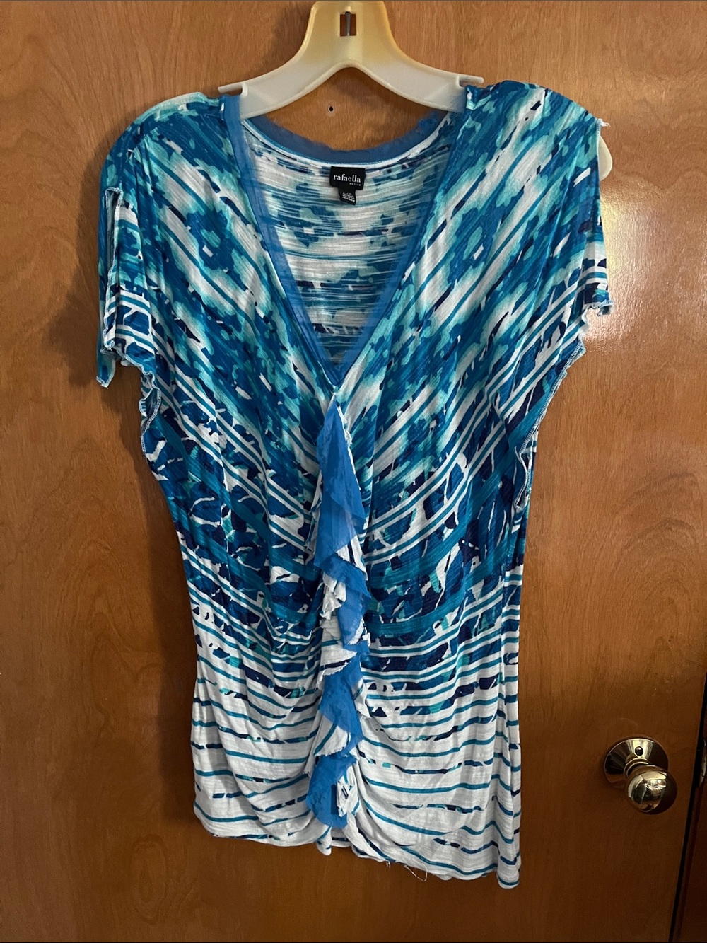 Rafaella Teal & White Ruffle-Front V-Neck Tunic